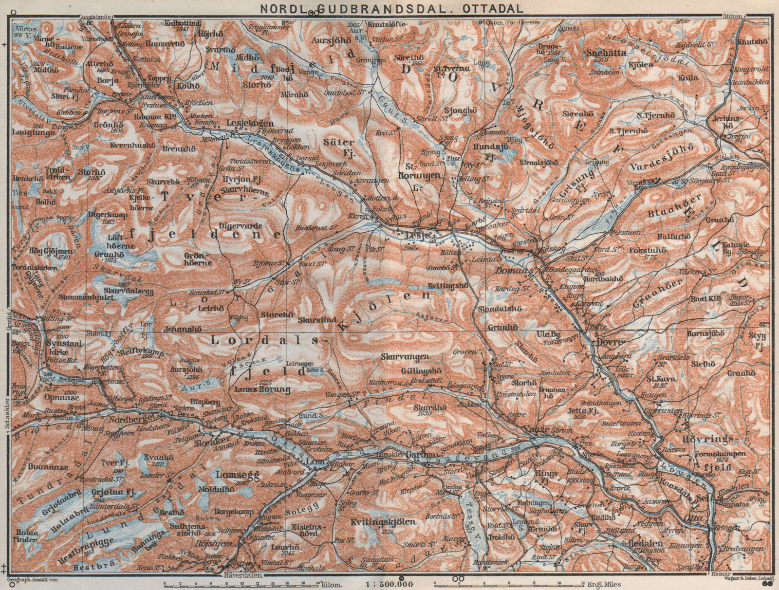 NORTH GUDBRANDSDAL, OTTADAL Nordl. Dombas Dovrefjell. Topo-map. Norway 1909